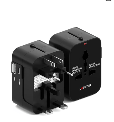 Lapster Universal Travel Adapter with Type C Travel Essentials Accessories with 1 USB, 1 USB-C with 2.4A , All in One International Travel Fast Charging Adapter, Suitable for 200+ Countries US,UK,EU,AUS,Etc(Black)
