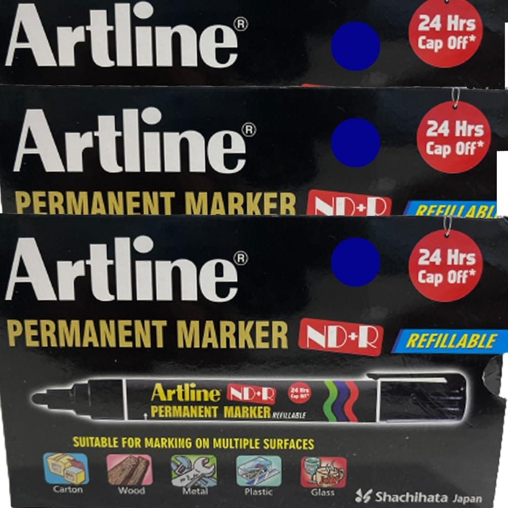 Artline ND + R Permanent Marker Pack of 10 (Blue Colours) X 3 Packs | For 24 HRS Without Drying Out