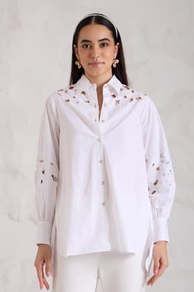 CUTWORK POPLIN SHIRT-White / XXS / Poplin