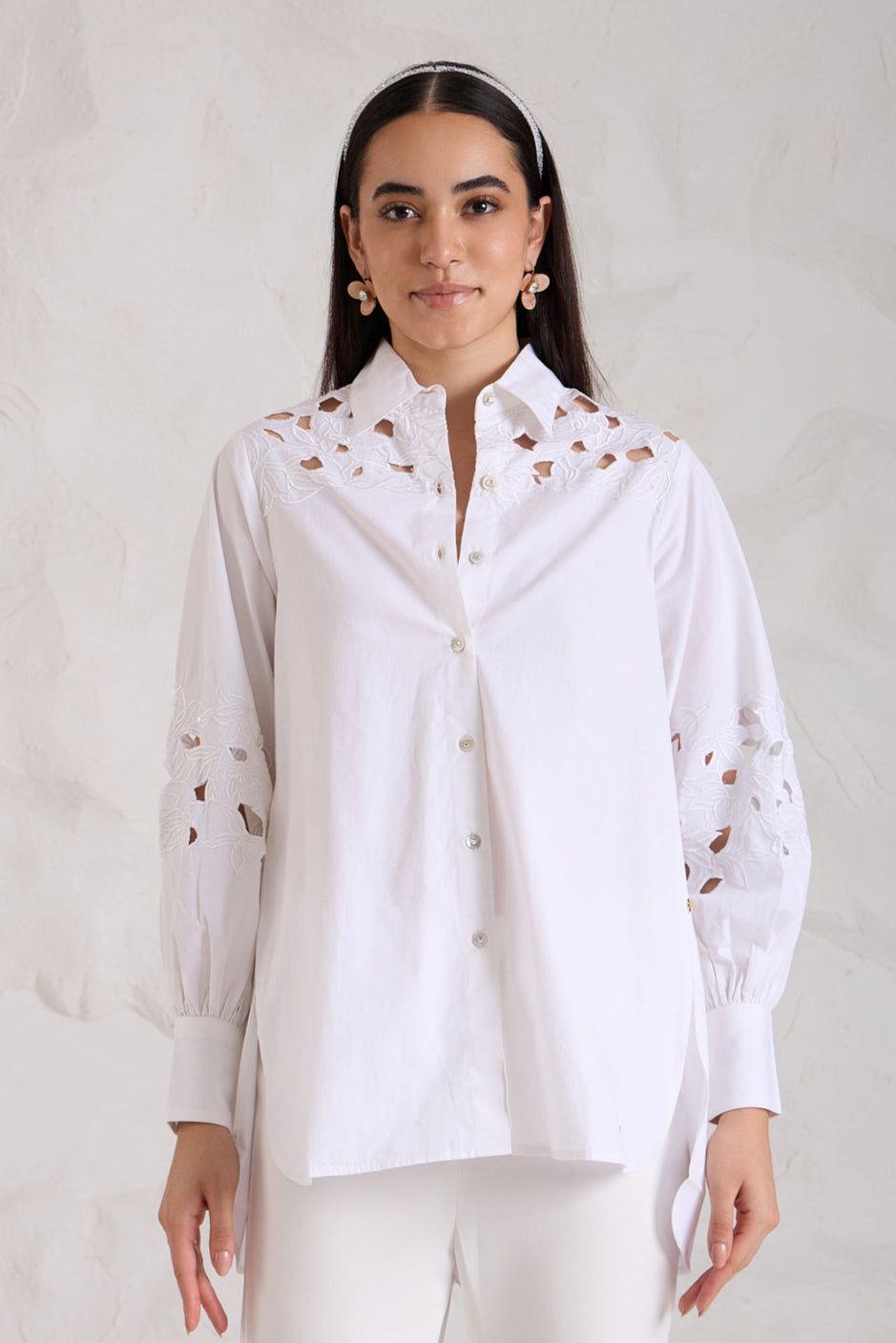 CUTWORK POPLIN SHIRT-White / XXS / Poplin