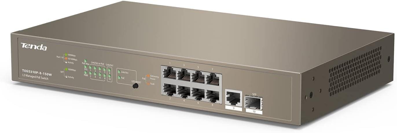 Tenda TEG5310P L3 Gigabit Managed PoE Switch, 10-Port Enterprise Switch with 8 x PoE+ 150W, 1 x GE Port & 1 x SFP Port, Smart PoE Power Supply, Flexible QoS/ IGMP/ ACL/ ARP/ DHCP Snooping