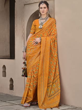 Mustard Pure Crepe Printed Patola Designer Saree