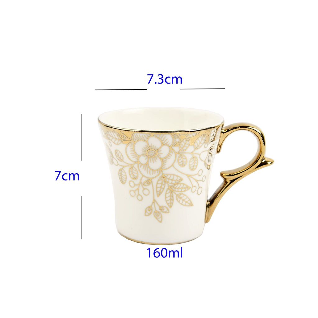 Femora Gold Floral Buds Leaves Tea Mugs, Ceramic Tea Cups, Coffee Mugs (160 ml) - 6 Pcs Set