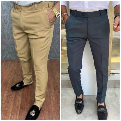 Cream & Dark Grey Waist Adjustable Pant Combo-28