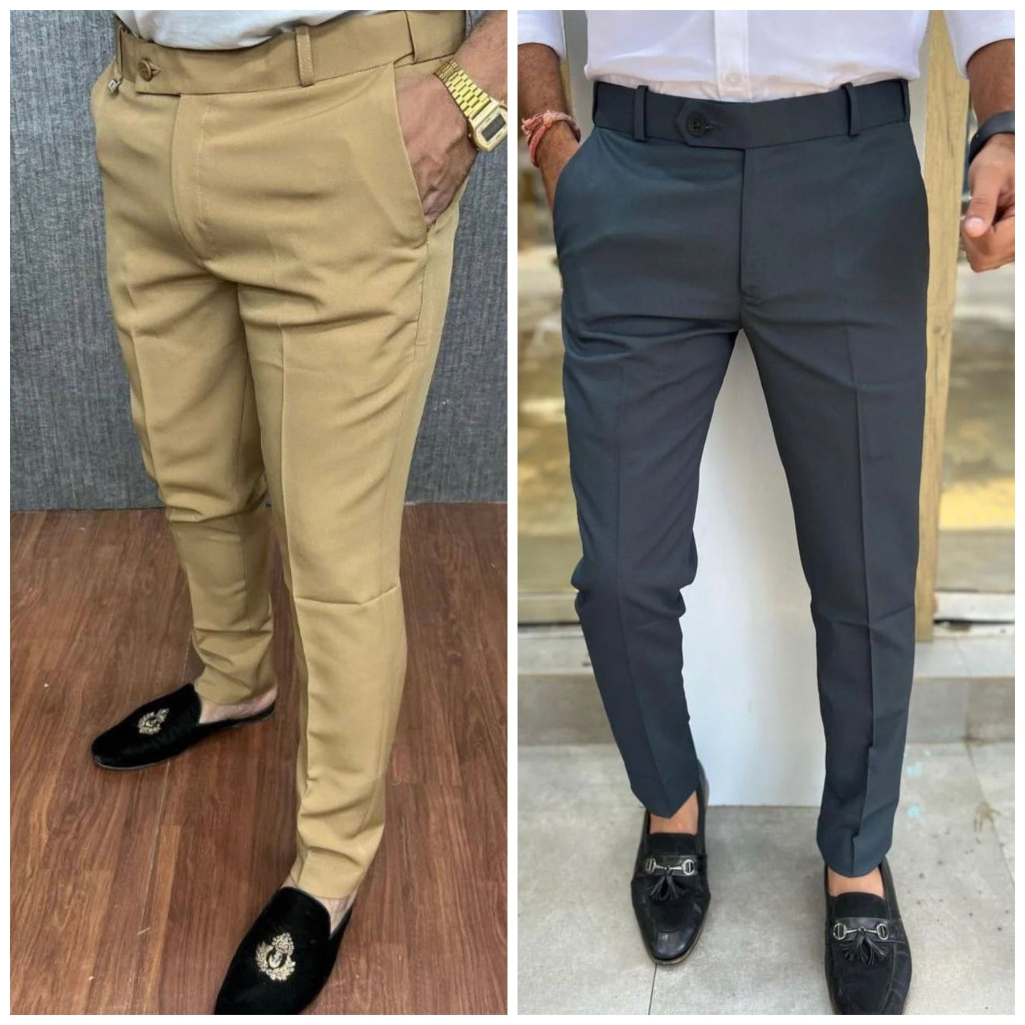 Cream & Dark Grey Waist Adjustable Pant Combo-28