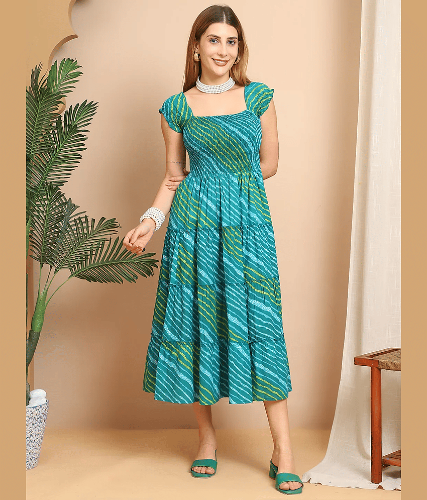 ZWERLON Women Viscose Rayon Printed A-line Dress ( Green )