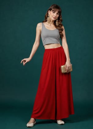 Generic Women's Georgette Solid Mid-Rise Wide Leg Flared Palazzo Pants with Elastic Waist, Ankle Length Trousers for Daily, Office and Casual Wear (Red, M, Pack of 1, Design 67556) Generic Women's Georgette Solid Mid-Rise Wide Leg Flared Palazzo Pants with Elastic Waist, Ankle Length Trousers for Daily, Office and Casual Wear (Red, M, Pack of 1, Design 67556)