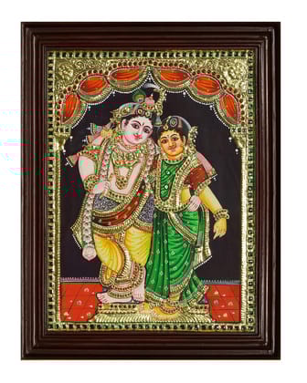 Rukmani with Krishna Traditional Tanjore Painting By Authentic Handcrafted Method (Size 15x12)