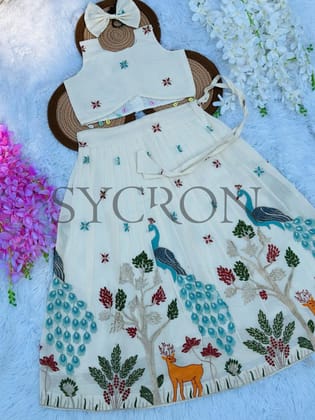 Super Hit  Embroidery Work on Khadi Cotton Fabric Kids Lahenga Choli-Beige / 0-6 Month