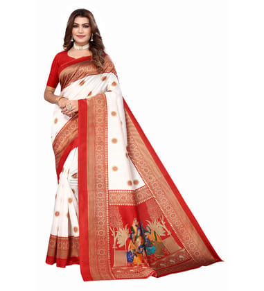 Women's Art Silk Printed Saree with Unstitched Blouse (Red, 5-6 Mtrs)