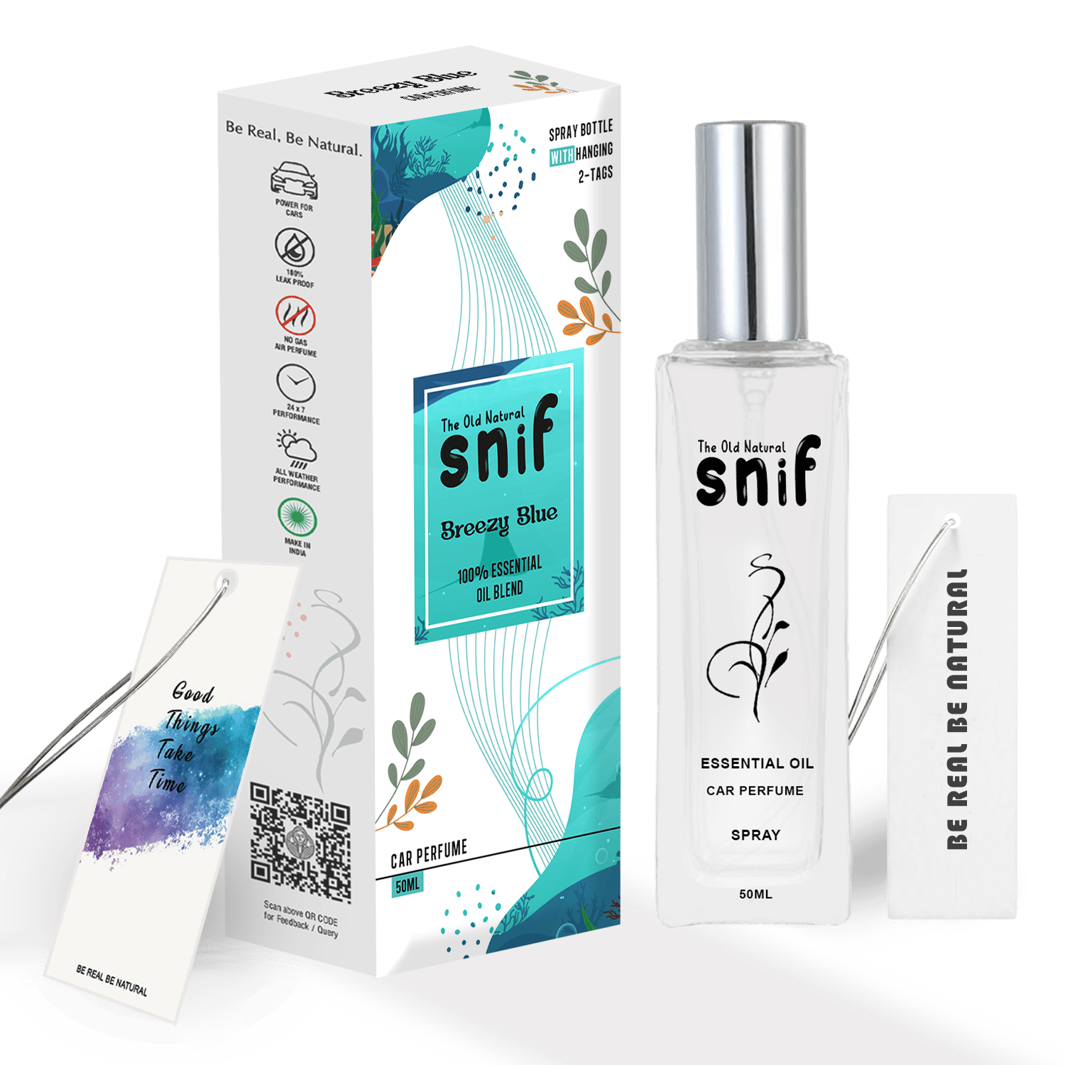 The Old Natural Spray Car Perfumes with Essential Oils Fragrance in Glass bottle with 2 Hanging Tags | Car Air Fresheners 50ml (Breezy Blue)