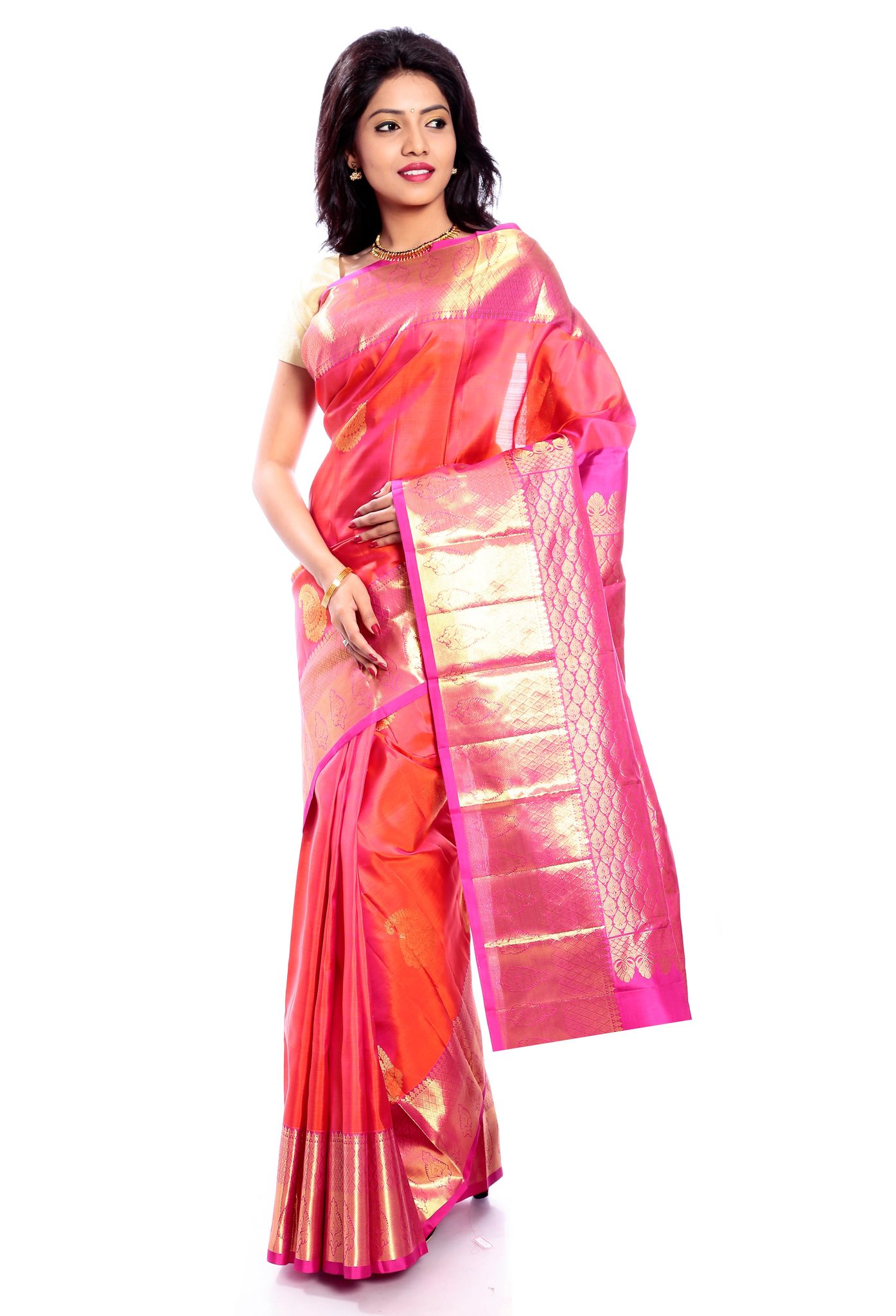 Orange Pink Kanchipuram Silk Saree