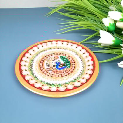 Marble Puja Thali | Aarti Plate with Intricate Detailing & Peacock Design - for Pooja, Weddings, Temple, Rakhi, Karwachauth & Festival Decor - 6 Inch