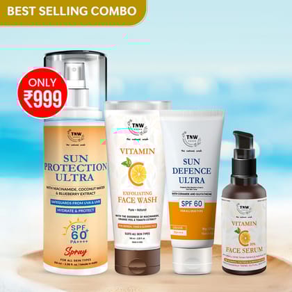 VITAMIN C GLOW KIT - EXFOLIATING FACE WASH + VITAMIN C FACE SERUM + SUN DEFENCE SPF 60 CREAM + ULTRA SPF 60 SPRAY (Summer Combo)