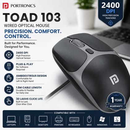 Portronics Toad 103 Wired USB Optical Mouse | 2400 DPI High Precision Mouse | Ergonomic Ambidextrous Design, Plug & Play, Hi-Optical Tracking, 1.5M Cable, 30 Lakh Click Life | USB Mouse for Laptop, PC, Desktop, Mac & Windows (Random Color)