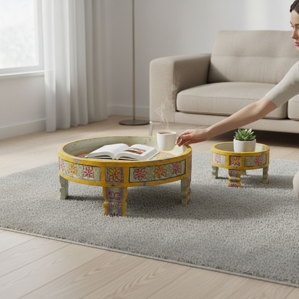 Wooden Beautiful Round Chakki Table, Home Decors Handicraft Coffee Table In Set Of Two, Bedroom Decors Nightstand Table, Beautiful Decorative Table