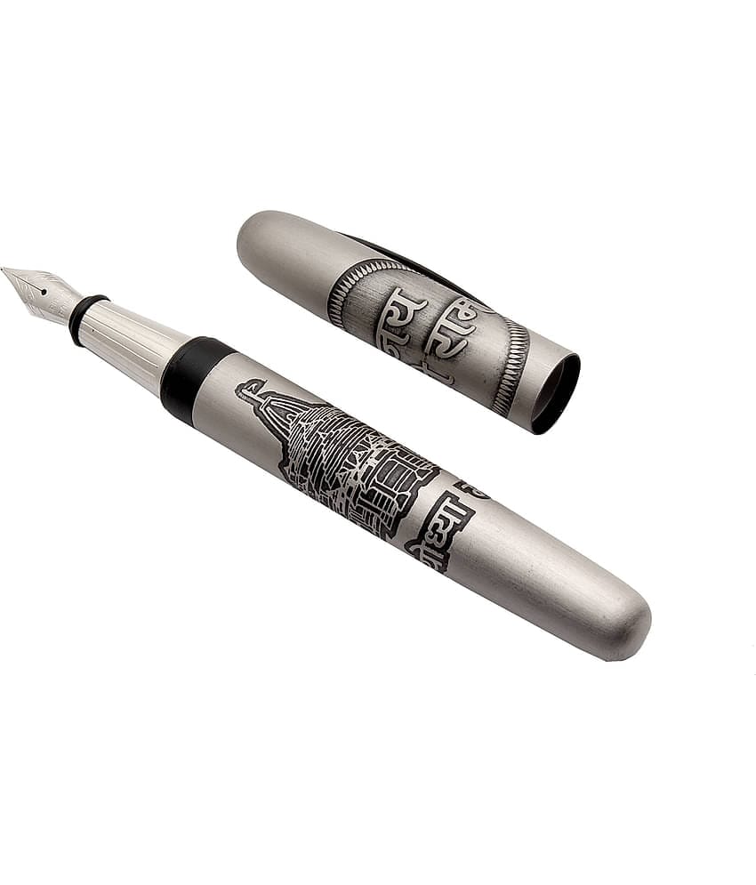 Srpc Jai Shree Ram Ayodhya Mandir Engraved On Silver Gray Metal Body Fountain Pen