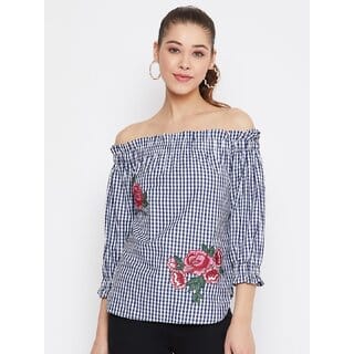 Purys Women Dark Blue Checks Off Shoulder Top