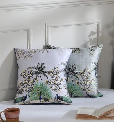 Koko Decorative Polyester Cushion Covers - 16x16 Inch Natural Soft Textured Dancing Peacock Silver Design | Bed, Sofa, Chair (Set of 2)