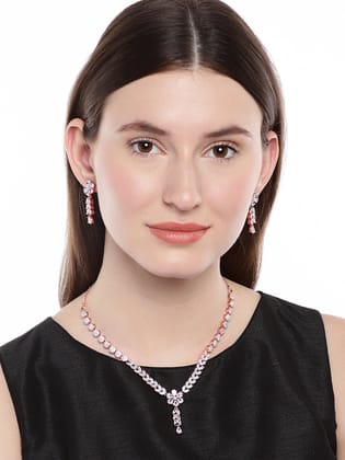 Rose Gold & Silver American Diamond Necklace | Elegant White Rose Gold & Silver American Diamond Necklace | Elegant White