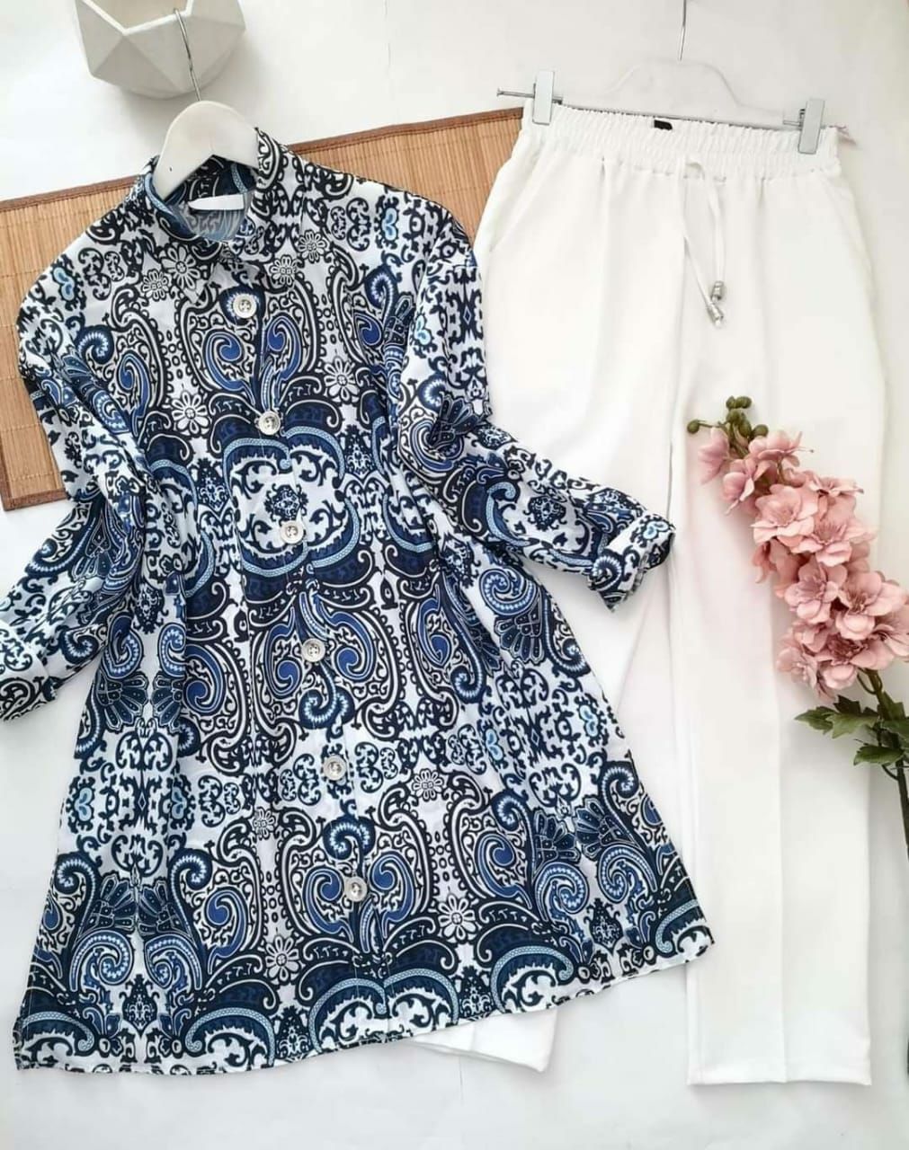 A Blue and White Floral Printed Kurti with White Palazzo Designed by GlamaStitch-M