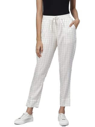 Womens Casual Checked Rayon Trouser Pant Size M (White)