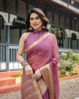 Sophisticated Mauve Plain Chiffon Saree with Gold Zari Border, Matching Printed Blouse & Tassel Detailing-Regular