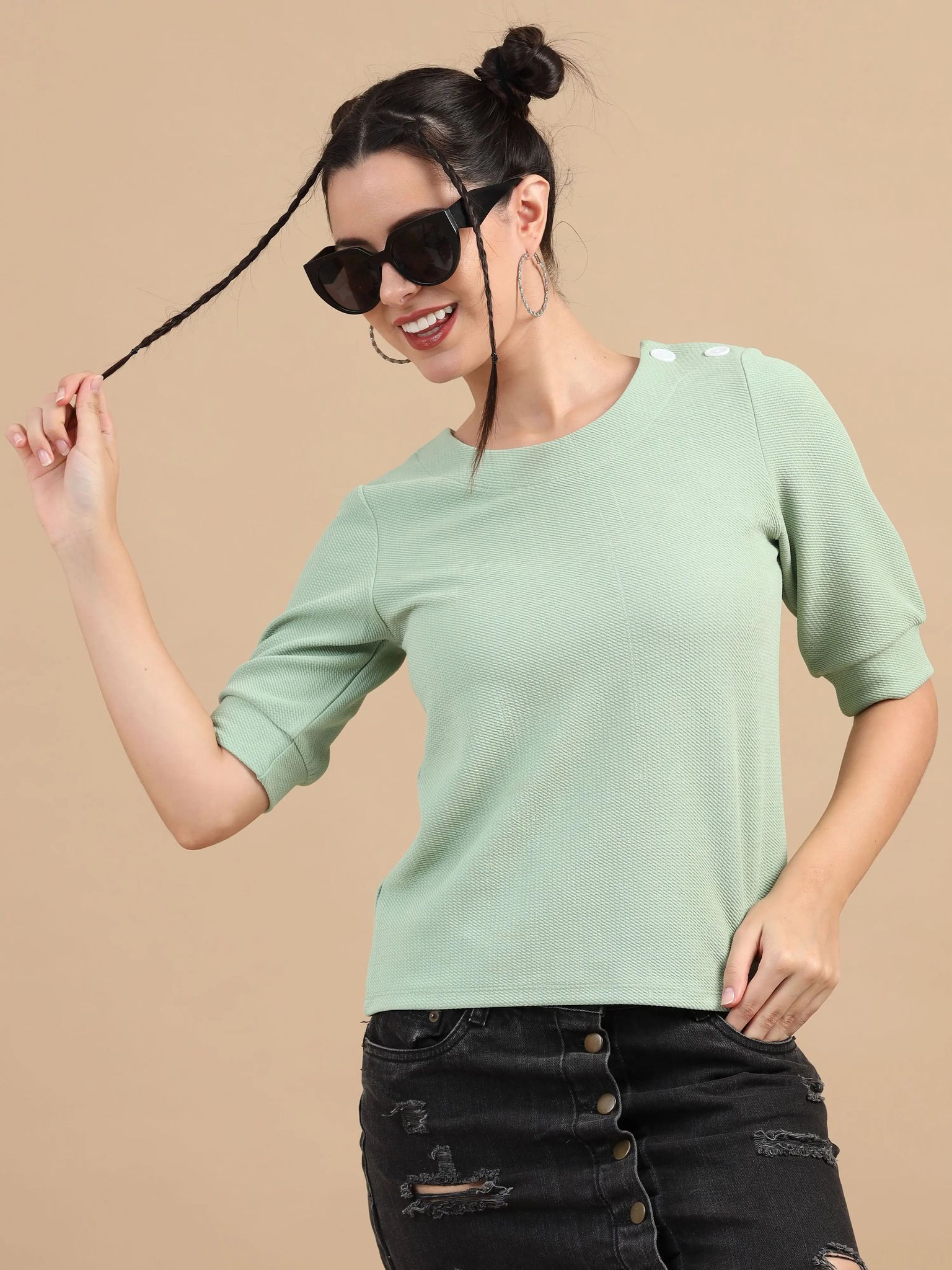 Women Regular Top, 3/4 Puff Sleeve, Lycra, Sage Green-XS / Sage