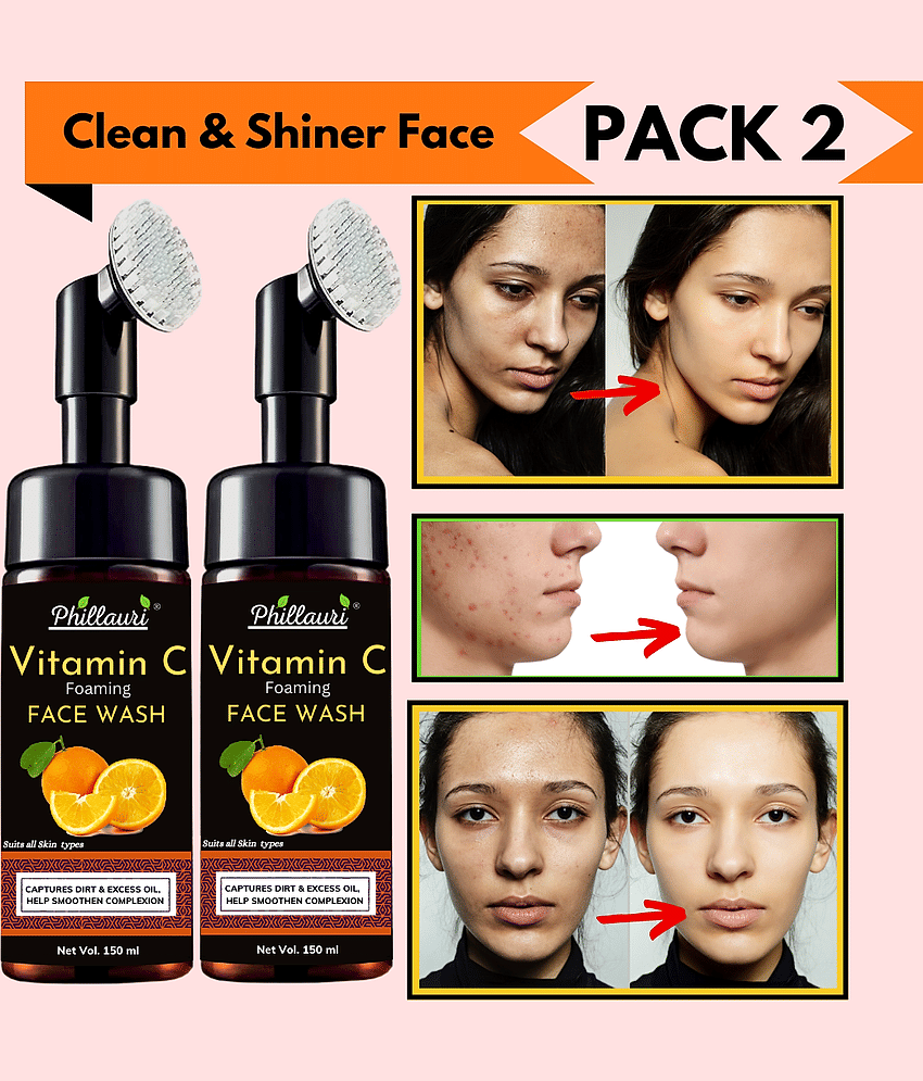 Phillauri Brightening Vitamin C Foaming Face Wash with Built-In Face Brush - (150 ML) Pack of 3