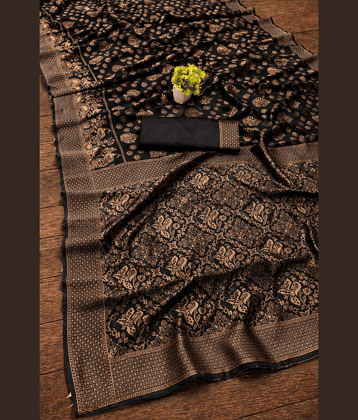 Kanooda Prints Jacquard Printed Banarasi saree With Unstitched Blouse Piece ( Black )