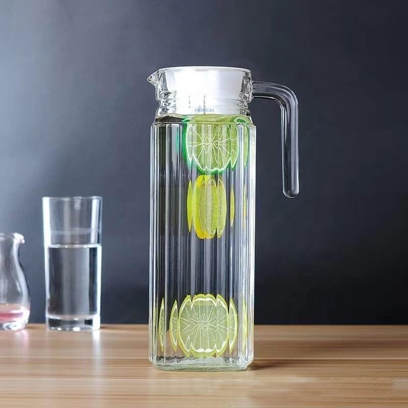 Italian Premium Glass Water Jug with Plastic Lid & Handle | 1.3 Littre |Transparent Carafe for Home, Office | Pitcher for Serve Water, Milk, Juice, Beverage, Chaas, Cocktail |