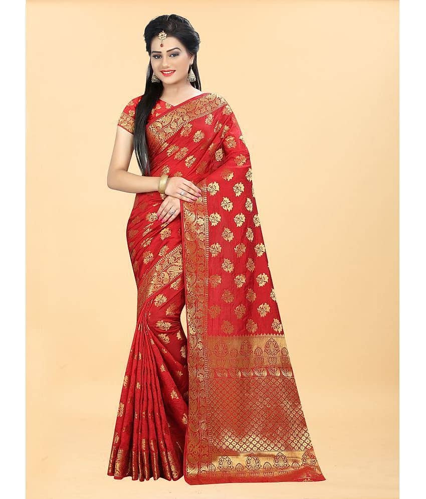 Gazal Fashions Banarasi Silk Embellished Saree With Unstitched Blouse Piece ( Red )