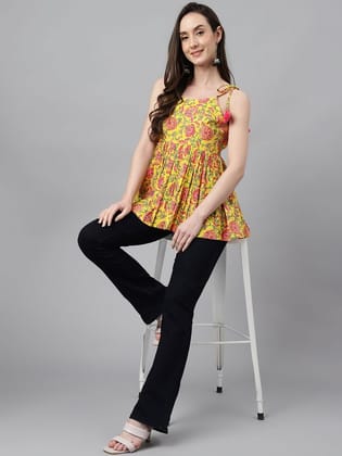 Yellow Cotton Floral Print Peplum Top Yellow Cotton Floral Print Peplum Top