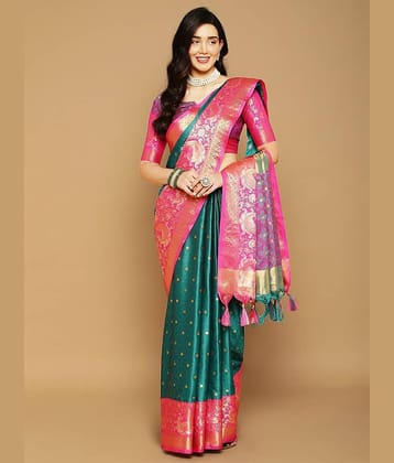 JIHANA FAB Organza Woven Saree With Unstitched Blouse Piece ( Blue )