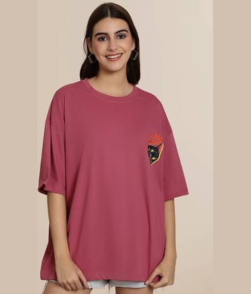 Fabflee Women Cotton Printed Oversized Fit Round Neck T-Shirt ( Pink )