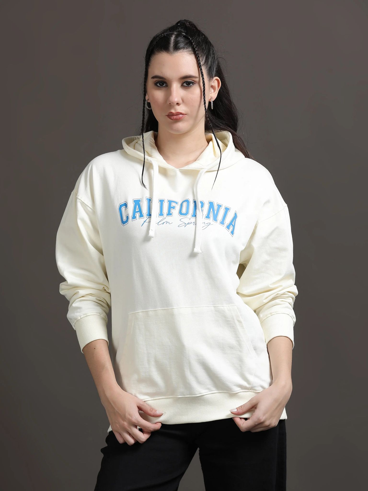 Women Oversized Hoodie Pure Cotton, Off White-XS