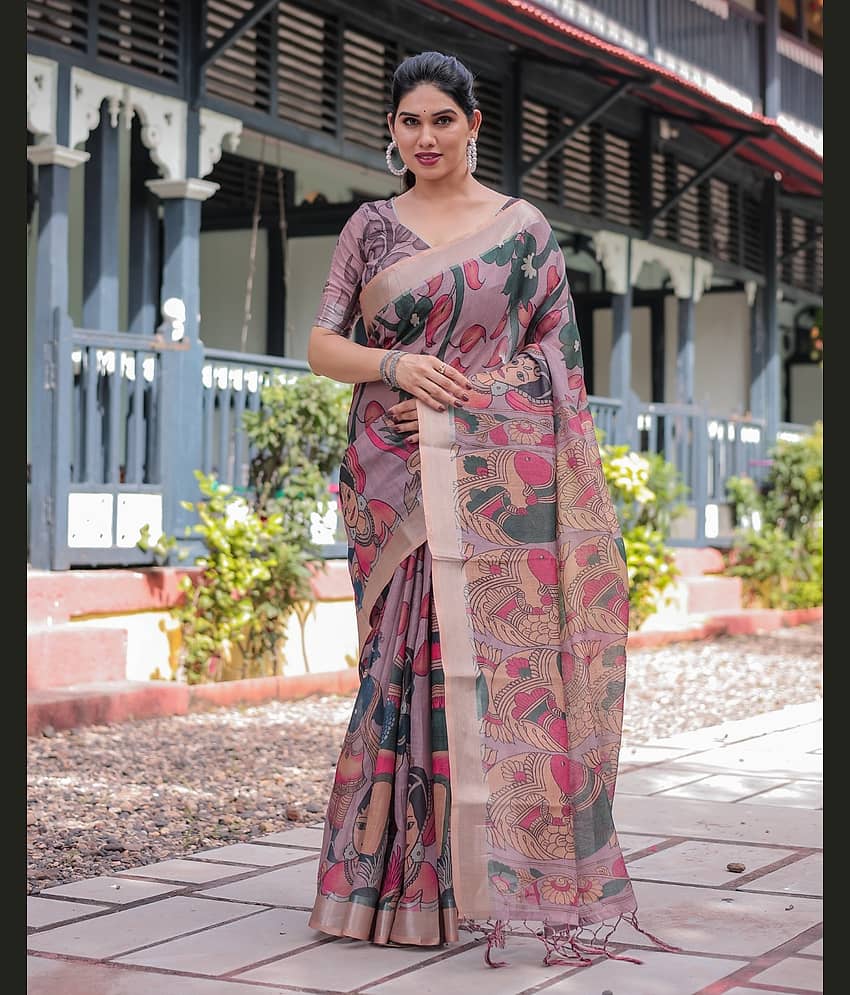 Almaari Fashion Linen Printed Saree With Unstitched Blouse Piece ( Multicolor )