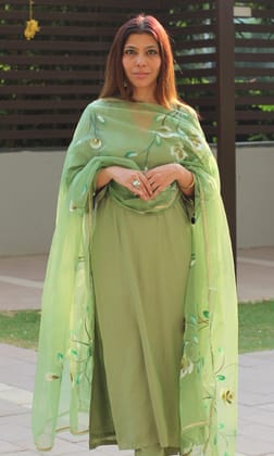 Tea Green Muslin Silk Bell Sleeves Kurta with Pants & Organza Handpainted Dupatta-XXS
