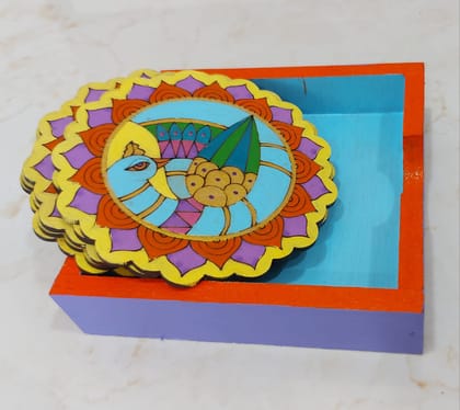 Kalakrishta Handpainted Peacock Coaster Set of 6 with Holder