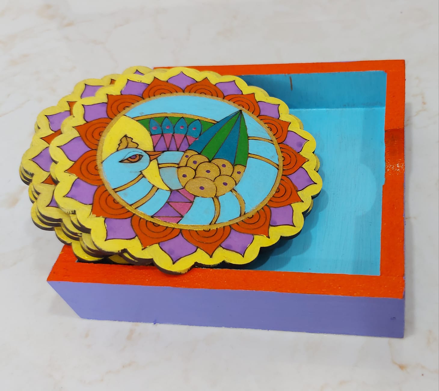 Kalakrishta Handpainted Peacock Coaster Set of 6 with Holder