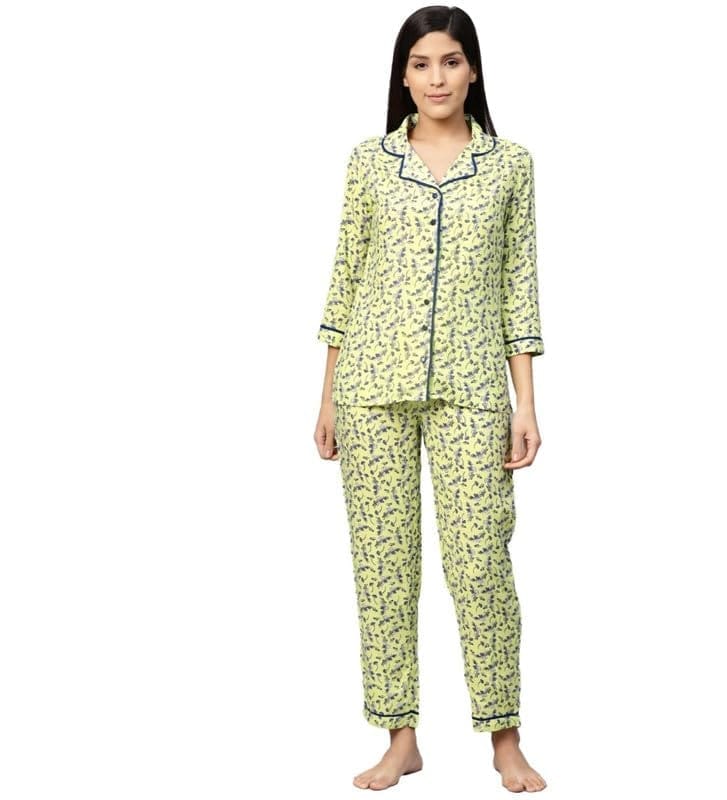 Women's Casual 3/4 Sleeve Floral Printed Rayon Shirt with Pyjama Pant Night Suit Set (Green, S)-PID48560
