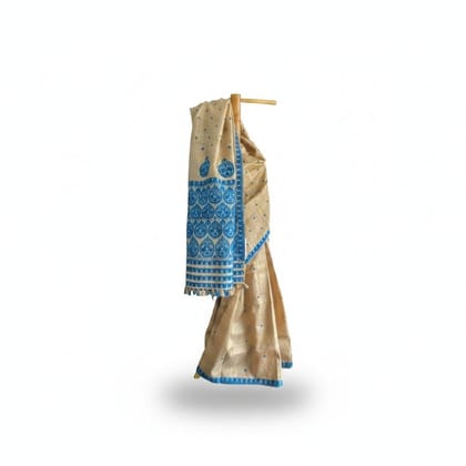 Traditional Beige and Blue Embroidered Saree