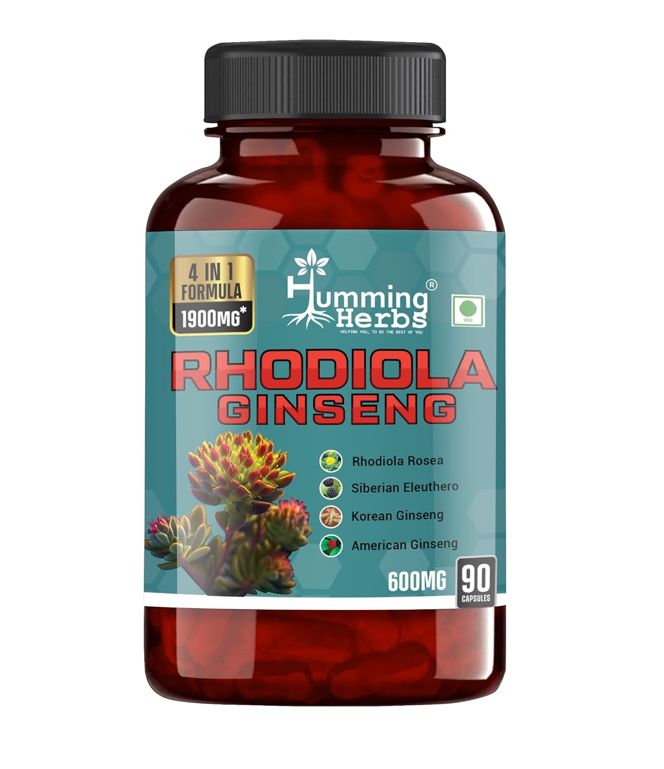 Humming Herbs Rhodiola Rosea Capsules | Siberian, Red Korean and American Ginseng Root Extract | Stress and Anxiety Relief Supplements, 90 Veg Capsules - Pack of 1
