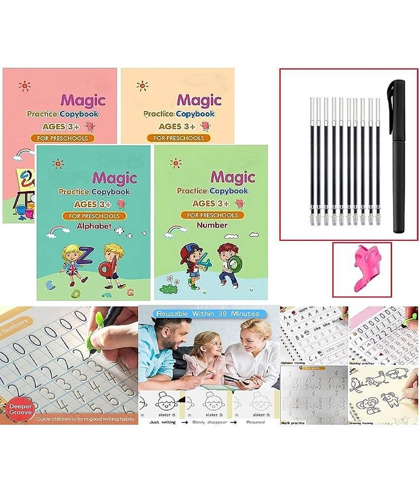 Sank Magic Practice Copybook, (4 Books + 1 Pen + 10 Refill) Number, Alphabet, Math and Drawing for Preschools Ages 3+ - Reusable Writing Tool Simple Hand Lettering