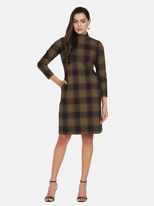 Warm Checkered Tweed Dress - Brown-S