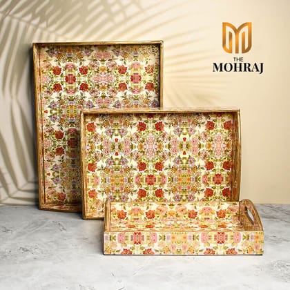 The Mohraj Vibrant Floret MDF Trays with Curved Handles and Gold Foil Finish Set of 3  