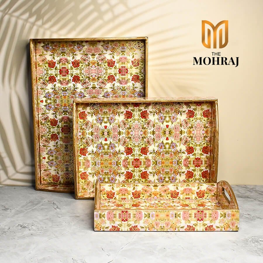 The Mohraj Vibrant Floret MDF Trays with Curved Handles and Gold Foil Finish Set of 3