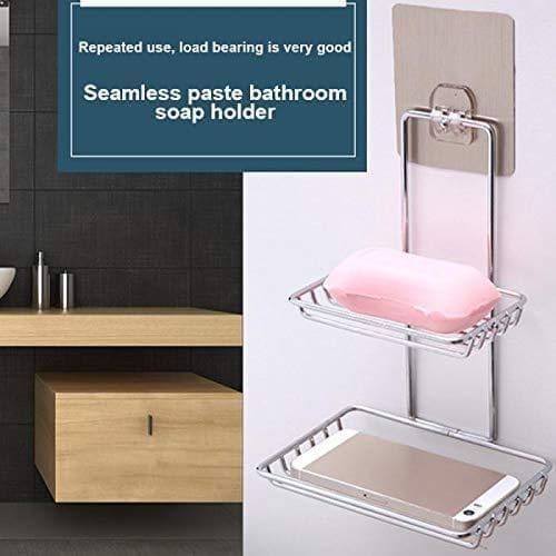 Soap Dish Holder-Wall Mounted Double Layered Stainless Steel Soaps Storage Rack with Hook