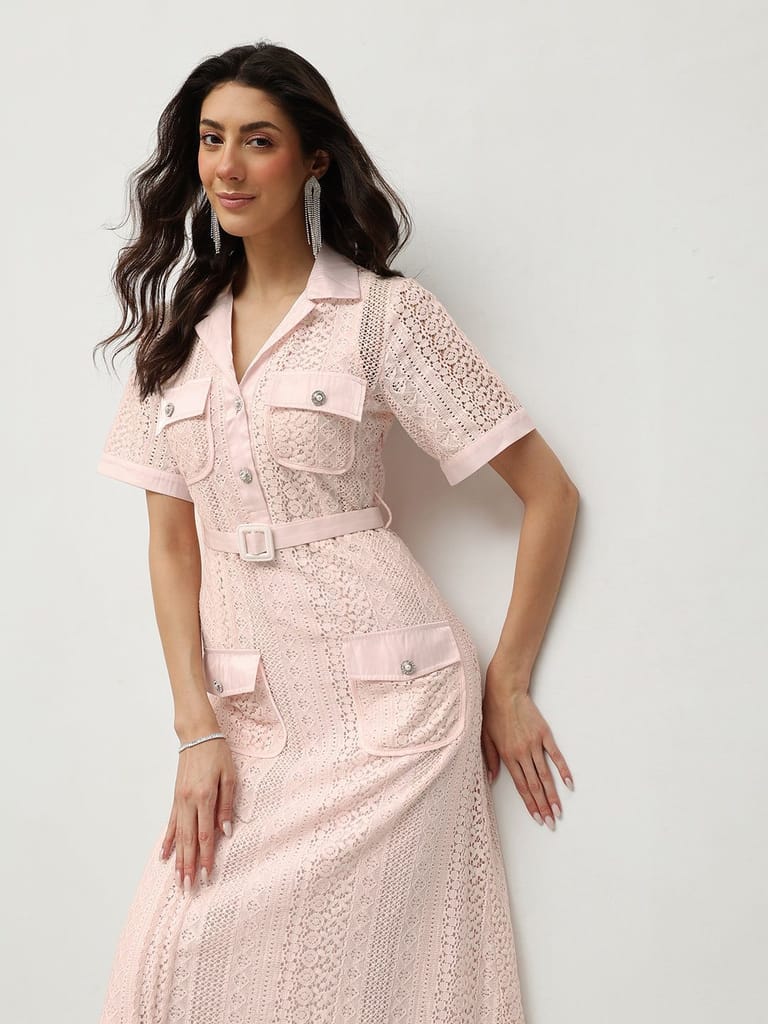 Blush Lace Belted Midi Dress