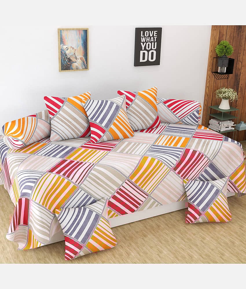 Homefab India Microfibre Orange 3D Print Diwan Set 8 Pcs